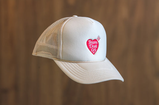 Texans Don’t Cry Heart Patch Trucker Hat – Unisex, One Size Fits All - Beige