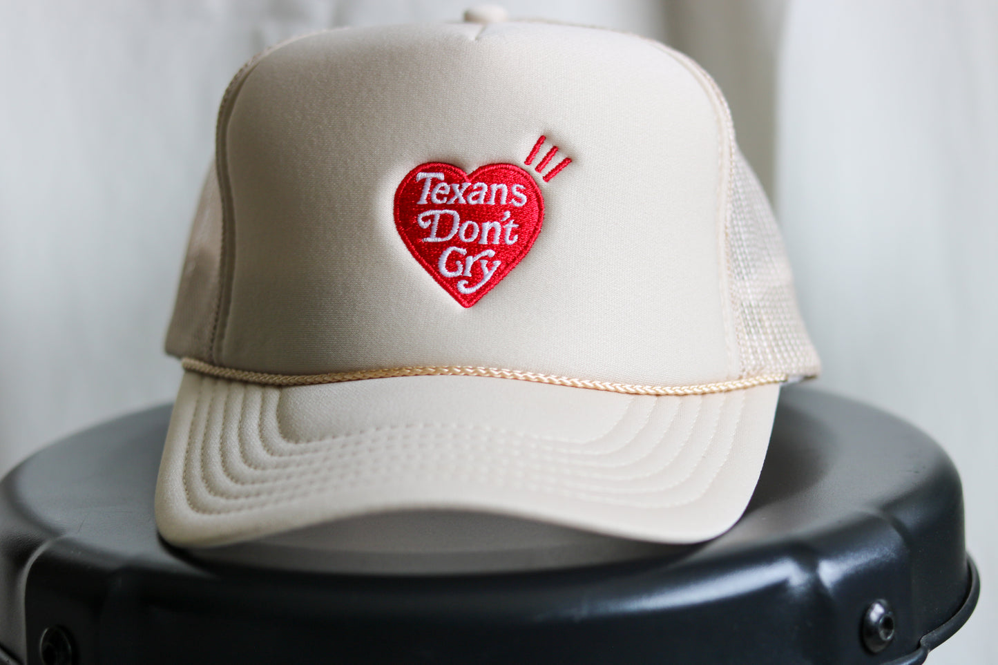 Texans Don’t Cry Heart Patch Trucker Hat – Unisex, One Size Fits All - Beige