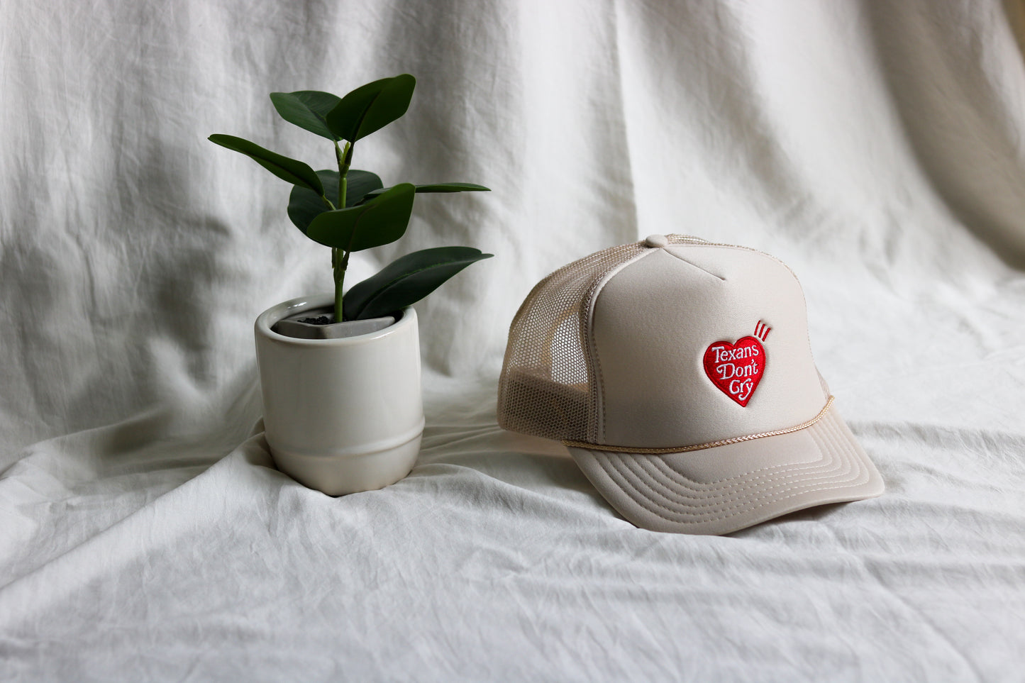 Texans Don’t Cry Heart Patch Trucker Hat – Unisex, One Size Fits All - Beige