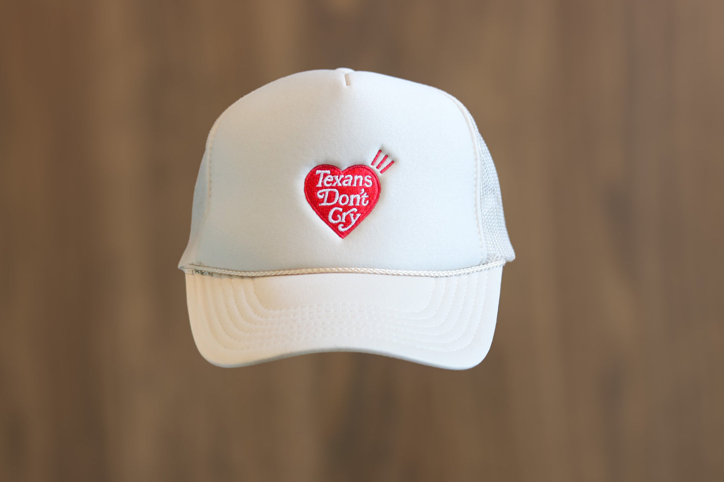 Texans Don’t Cry Heart Patch Trucker Hat – Unisex, One Size Fits All - Beige